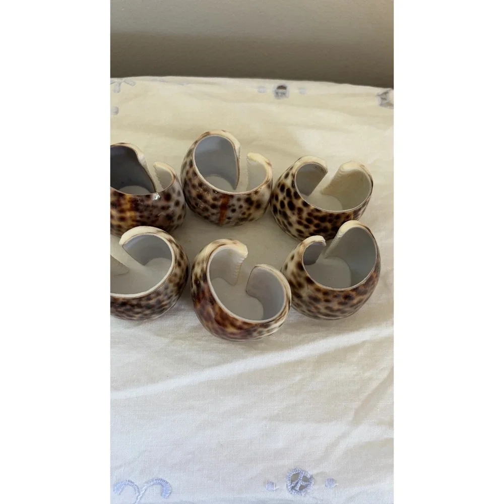 Vintage Tiger Cowrie Shell Napkin Rings Set Of 6 Coastal Beach Table Decor